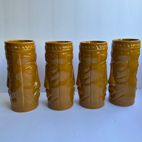 Set of 4 World Market Mustard Yellow Gold Tiki Mugs Ceramic Cups Retro Barware - Picture 4 of 7